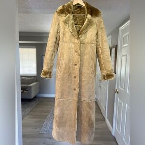 Vintage Express penny lane full length duster suede leather coat with shearling